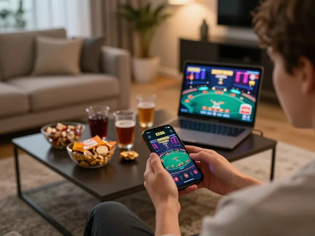 Engaged user playing EE88 mobile app at home, reflecting modern online gambling experience