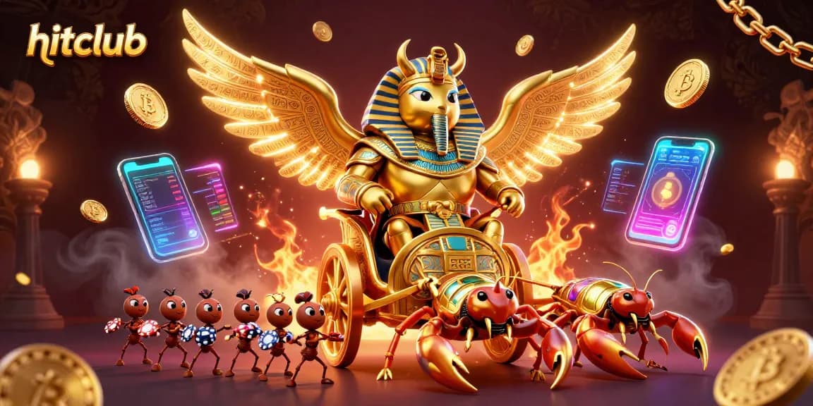 Hitclub offers a vivid 3D casino experience, featuring a golden scarab beetle and scorpions in a rich gaming environment.