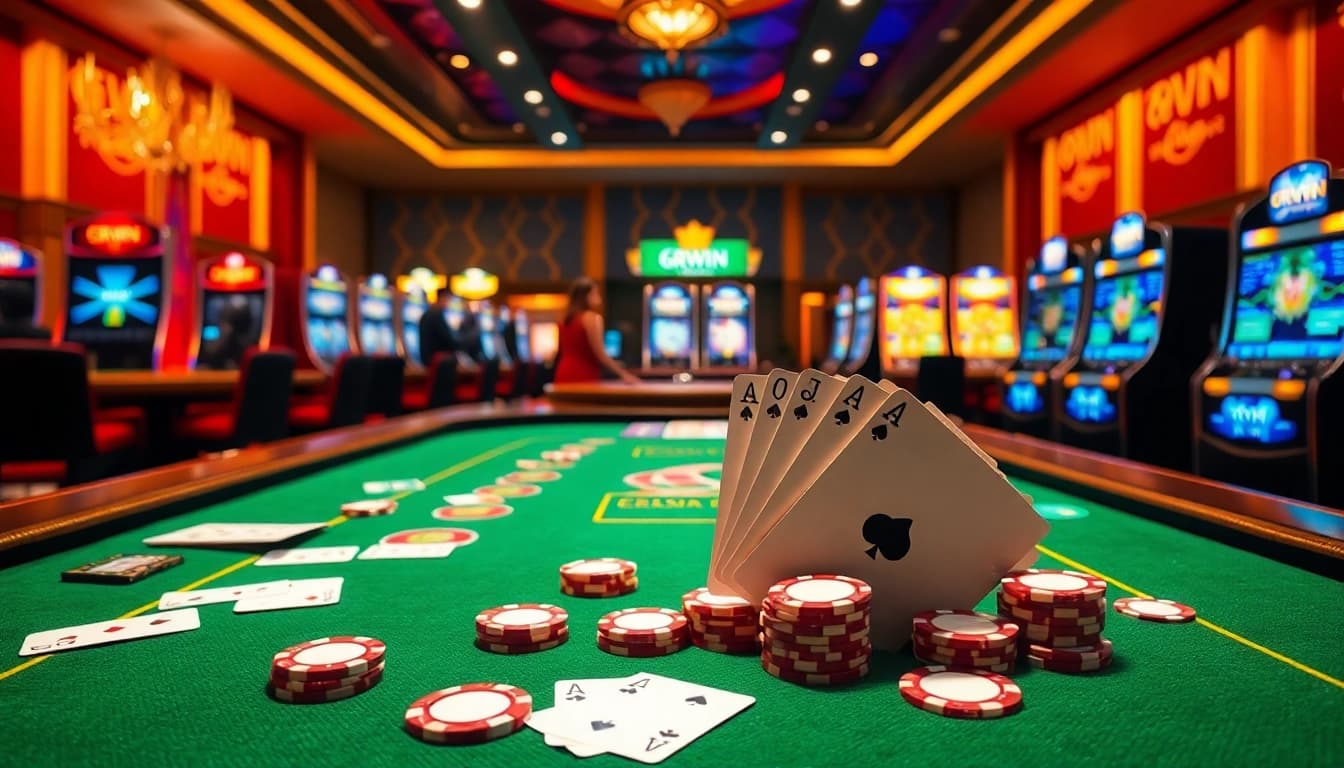 Experience the excitement of 6RWIN with a vibrant casino scene showcasing blackjack and slot machines.