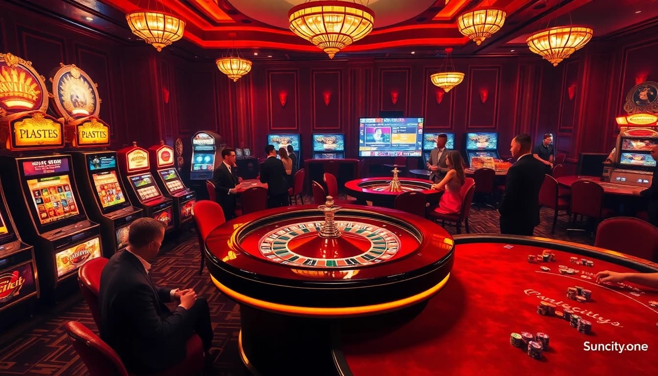 Experience thrilling gameplay at https://suncity.one/ with a vibrant casino scene showcasing roulette and poker.
