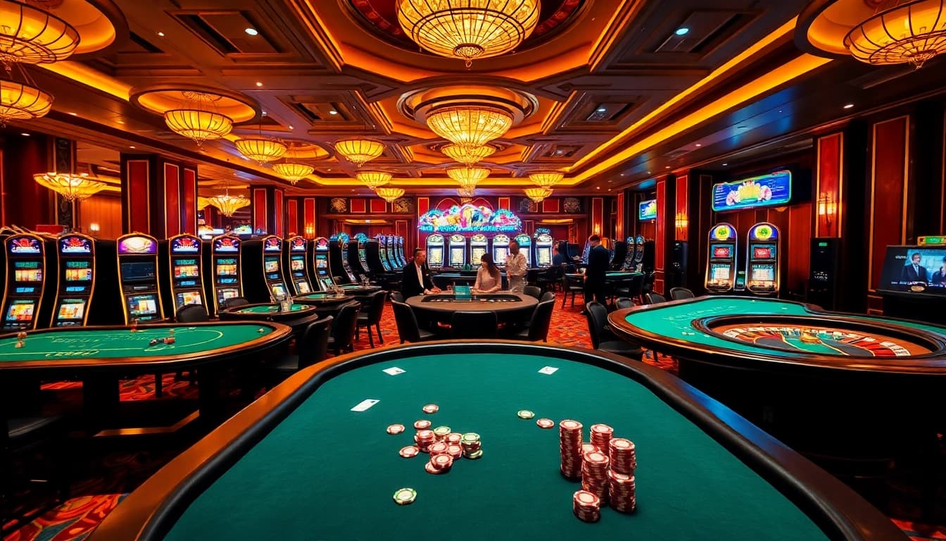 Experience the thrill of gambling at Trang Chủ QQ88 with lively casino tables, chips, and cards.