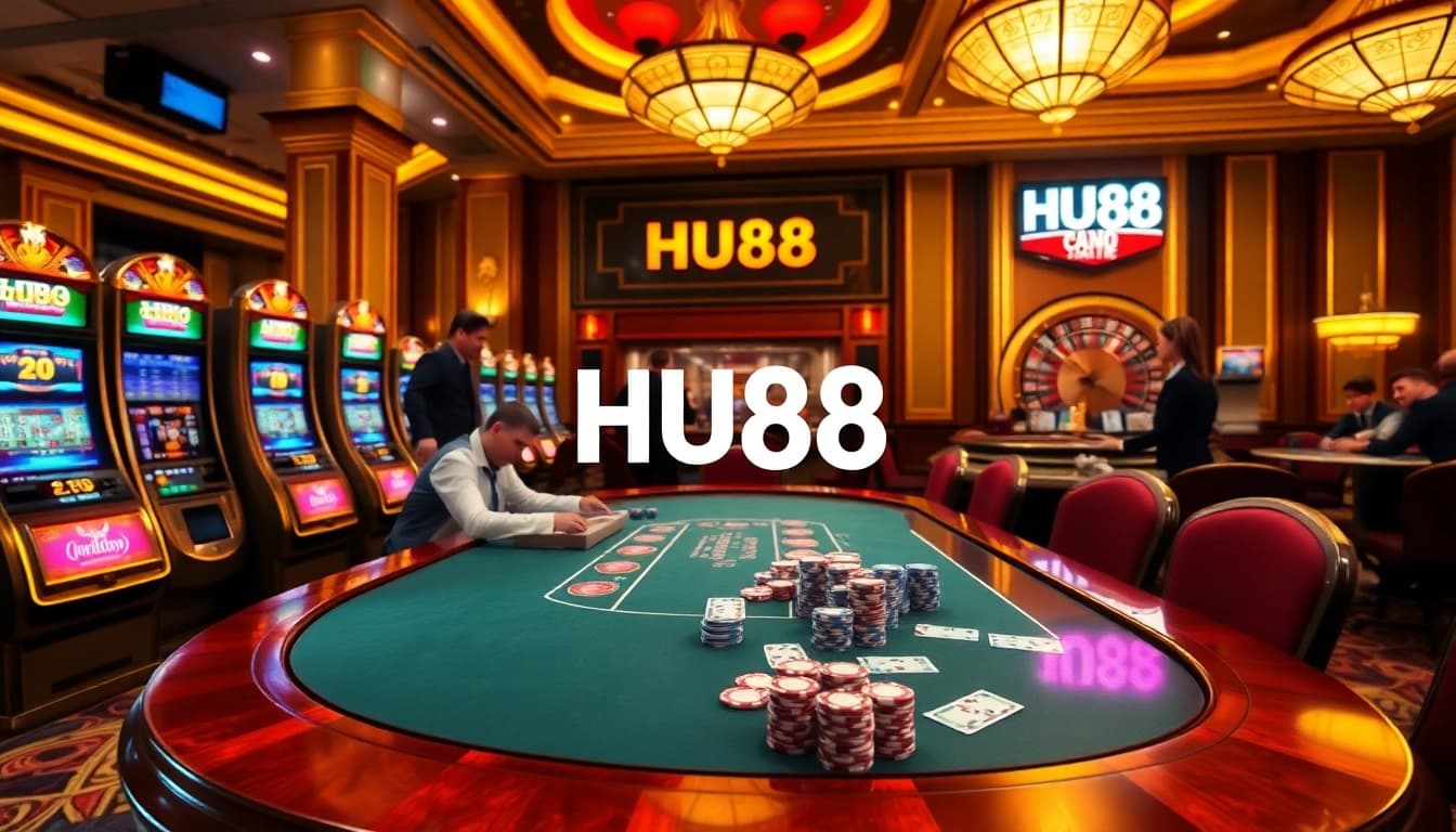 Experience exciting gameplay at HU88 casino with vibrant poker tables and slot machines.