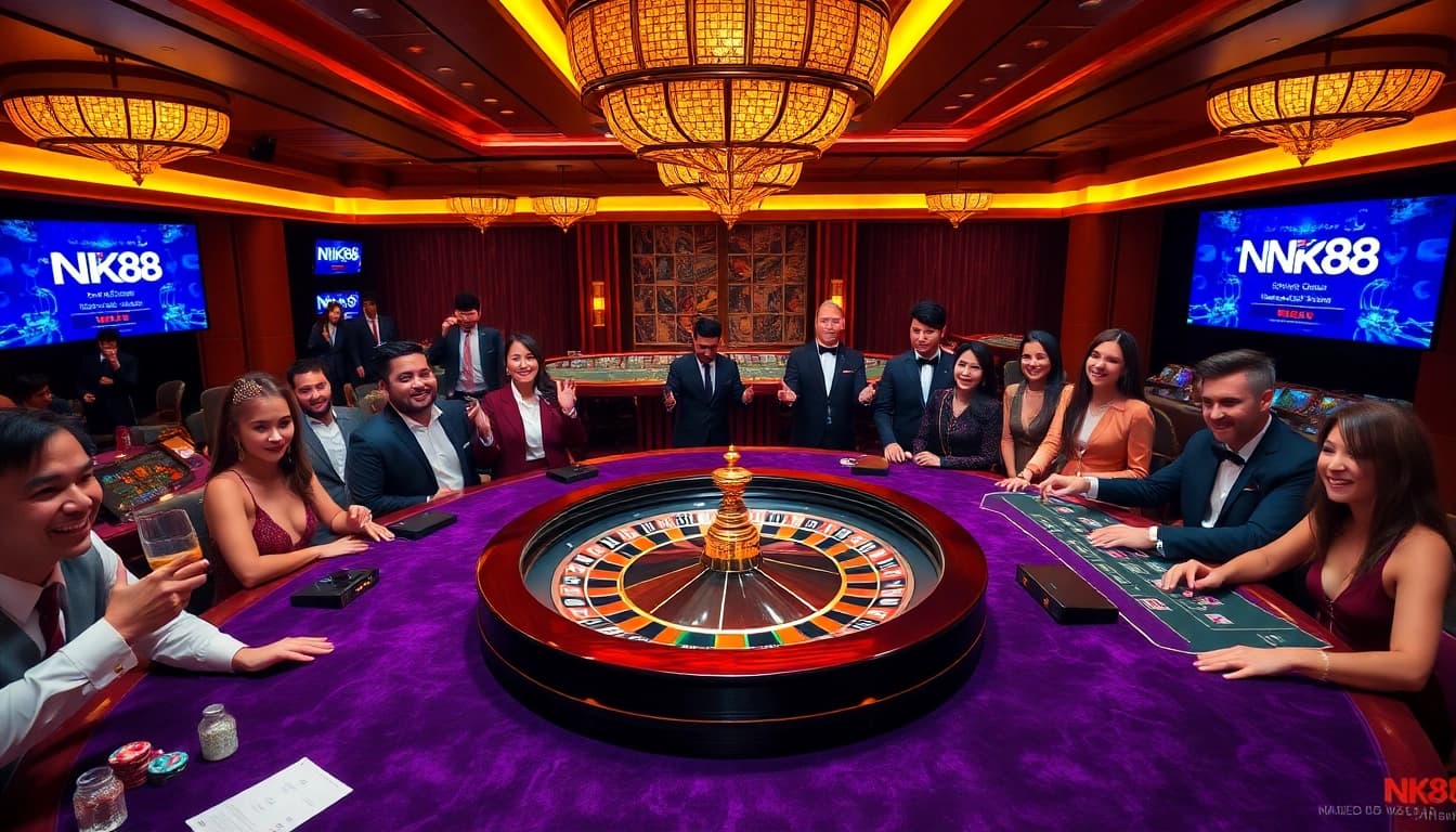 Players enjoying a thrilling casino game at NK88 with roulette, chips, and vibrant atmosphere.
