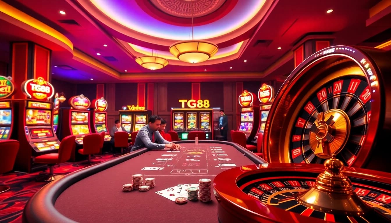 Players enjoying games at TG88 casino with vibrant slot machines and poker chips.