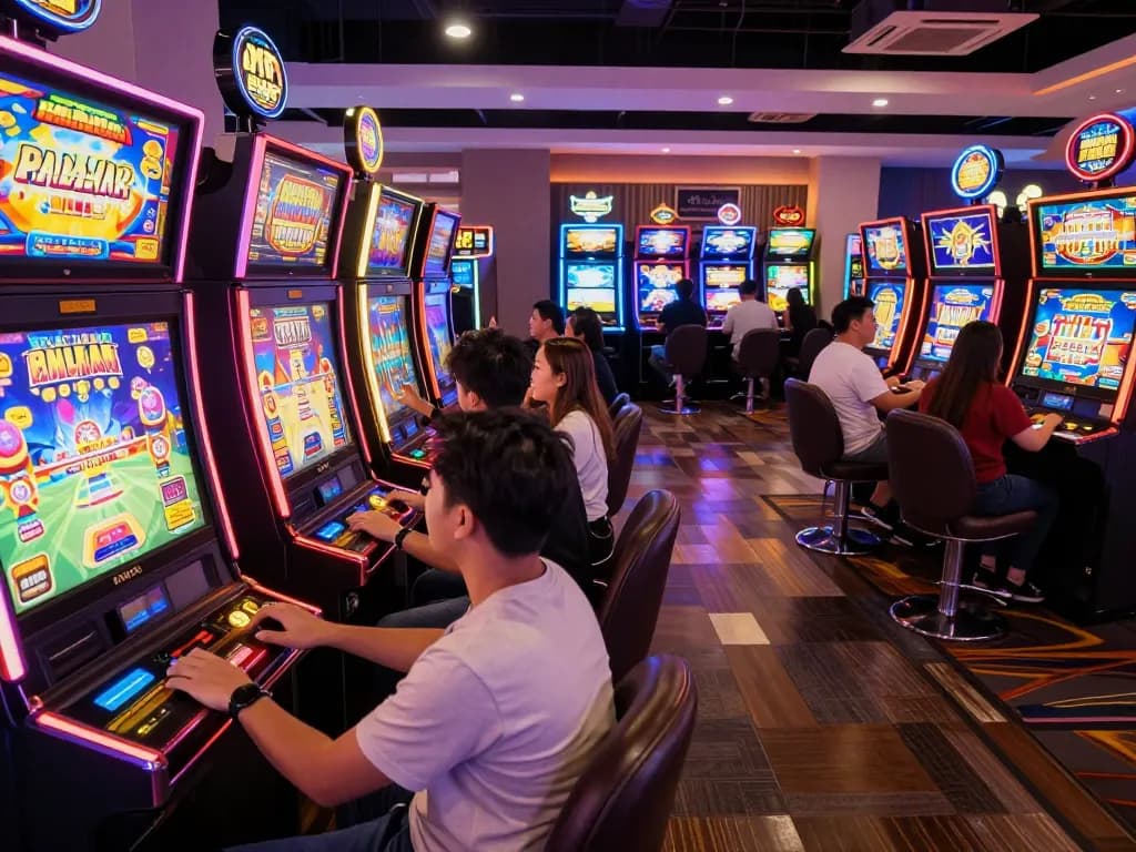 Exciting scene of players engaging at Slot Malaysia machines in a vibrant casino atmosphere