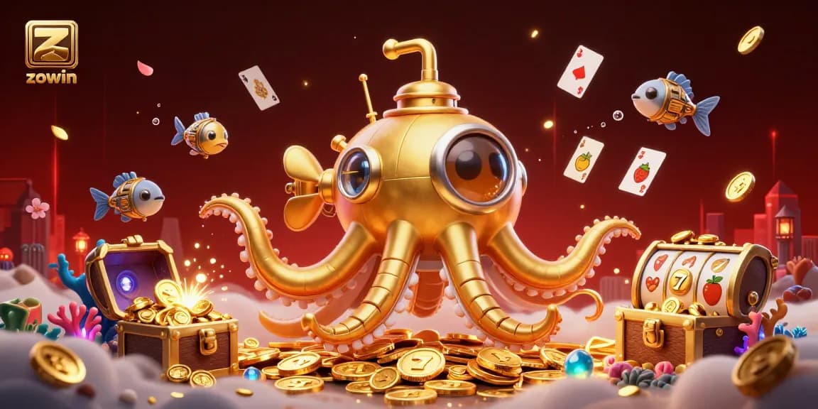 Experience the excitement of zowin with this vibrant underwater casino scene full of treasures and gaming elements.
