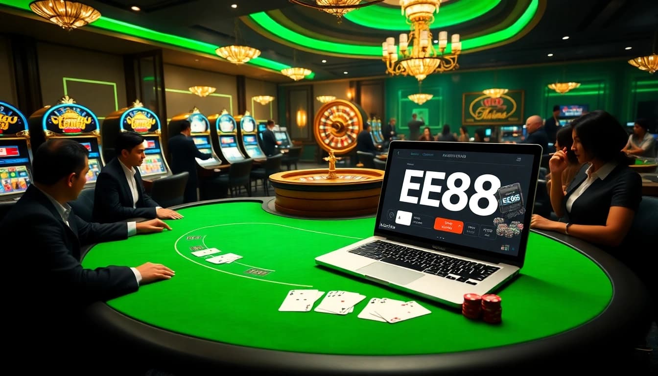 Experience the thrill of ee88 đăng nhập with a luxurious casino setup featuring poker tables and slot machines.
