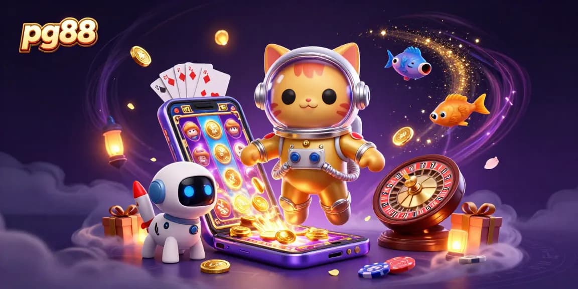 Spin and win with pg88 in this vibrant casino-themed 3D illustration featuring dynamic gaming elements.