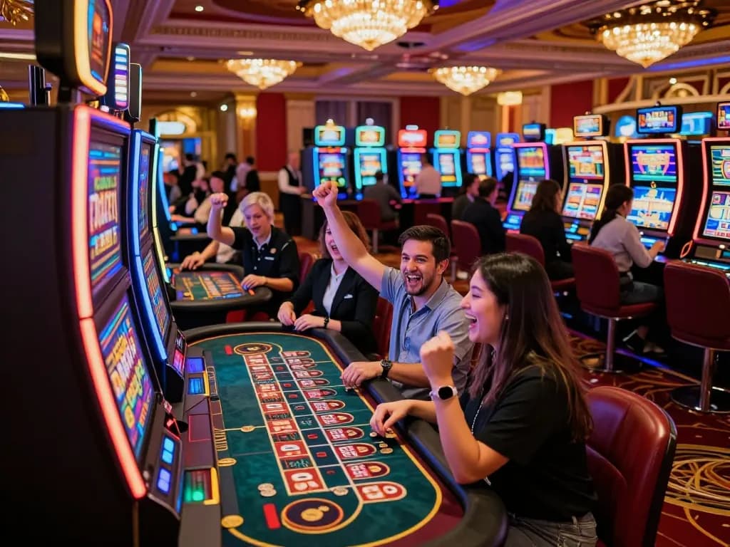 Players enjoying a thrilling moment at the casino, celebrating wins with 789win vom amidst vibrant slot machines and lively atmosphere.