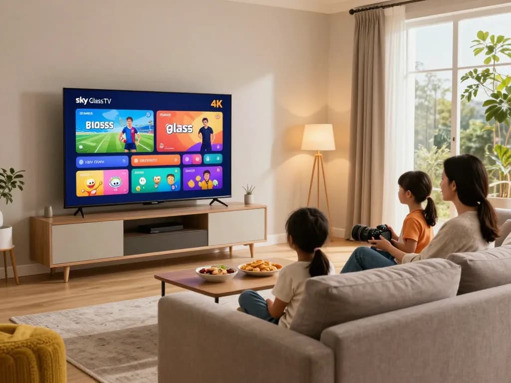 Enjoying Sky glass IPTV in a cozy UK living room with family watching 4K channels.
