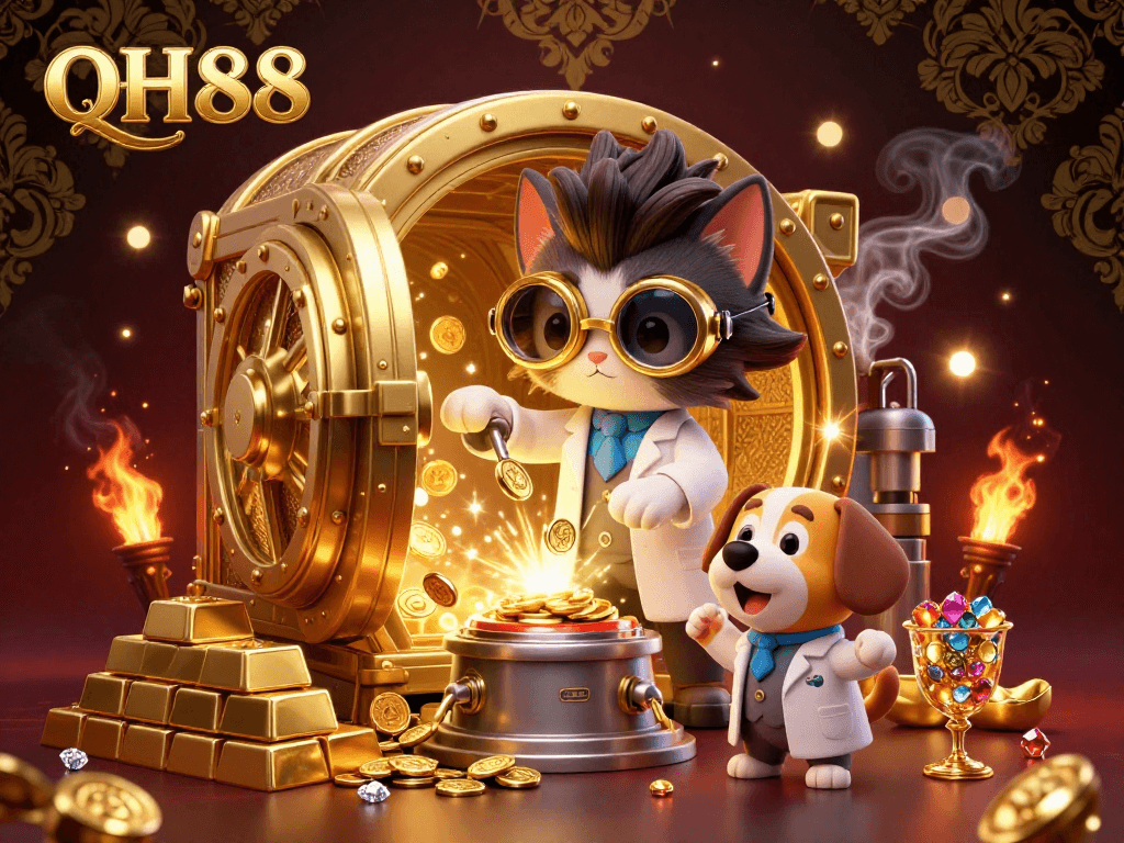 Win big with QH88 in this animated casino scene featuring golden treasures and a playful lab.