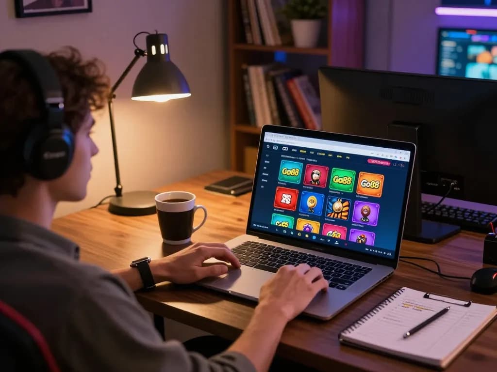 Trải nghiệm trò chơi Go88 với thiết lập trực tuyến sống động sử dụng laptop trong bầu không khí ấm cúng.