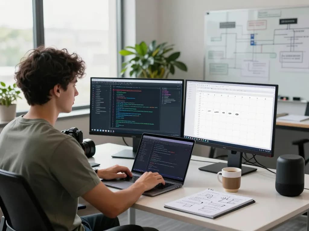 Developer using MoltBot mac in a modern workspace with multiple screens and coffee.