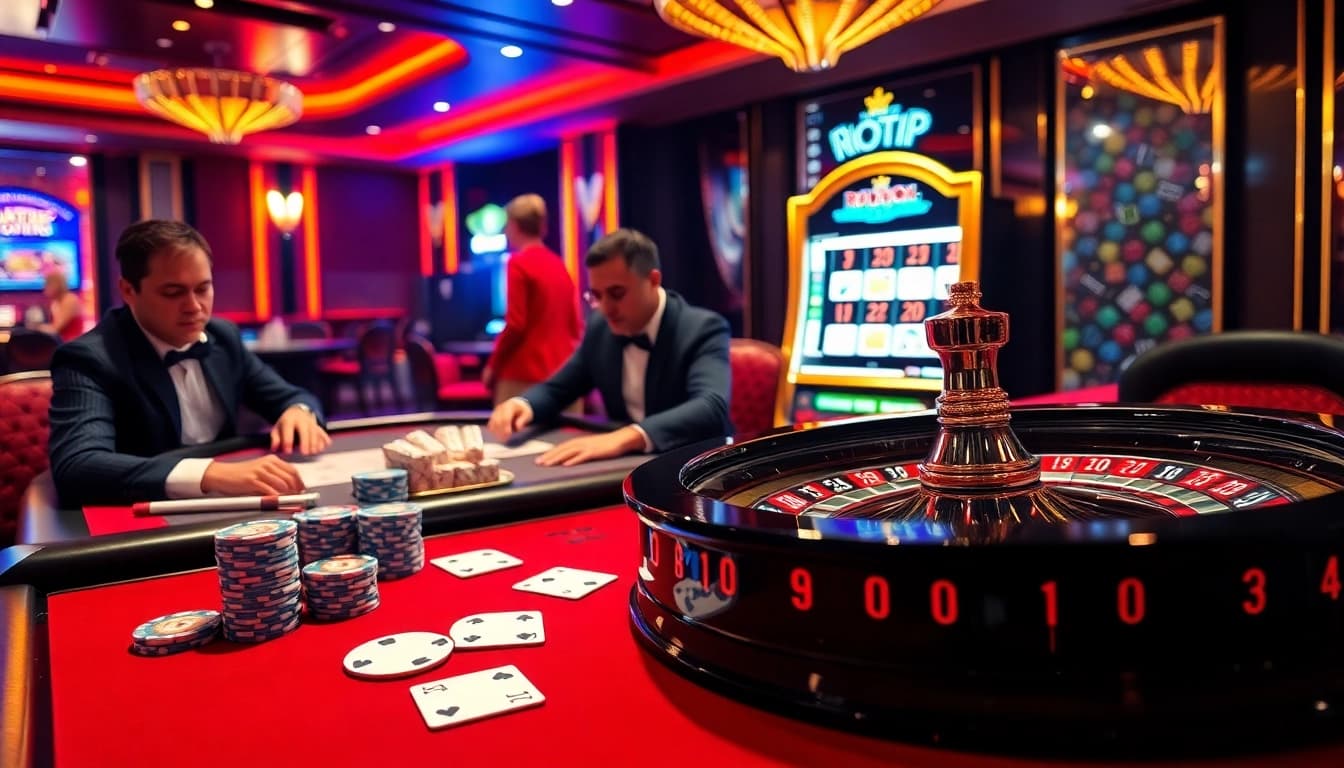 Gamble with excitement at https://rr88me.com/ showcasing a luxurious casino atmosphere with poker and roulette games.