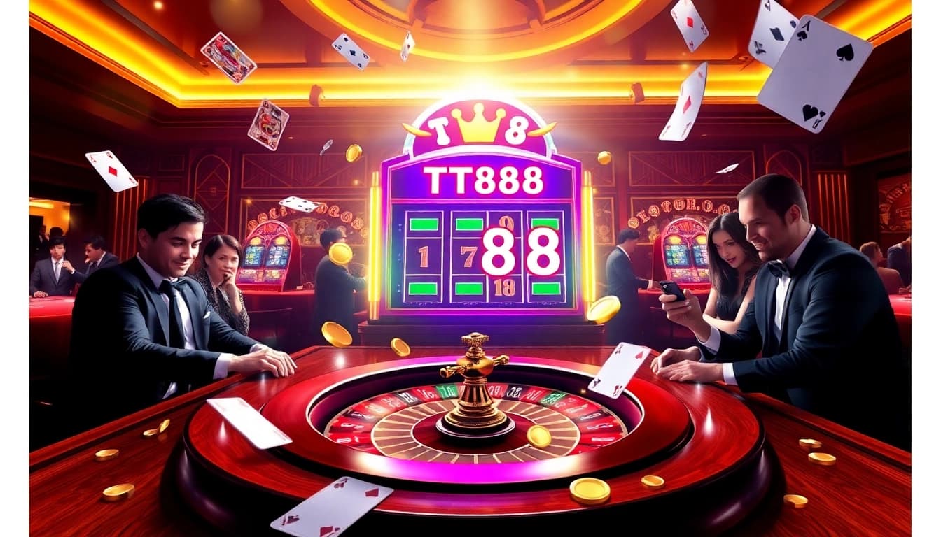 Winning gamblers interacting with the TT88 slot machine in a luxurious casino environment.