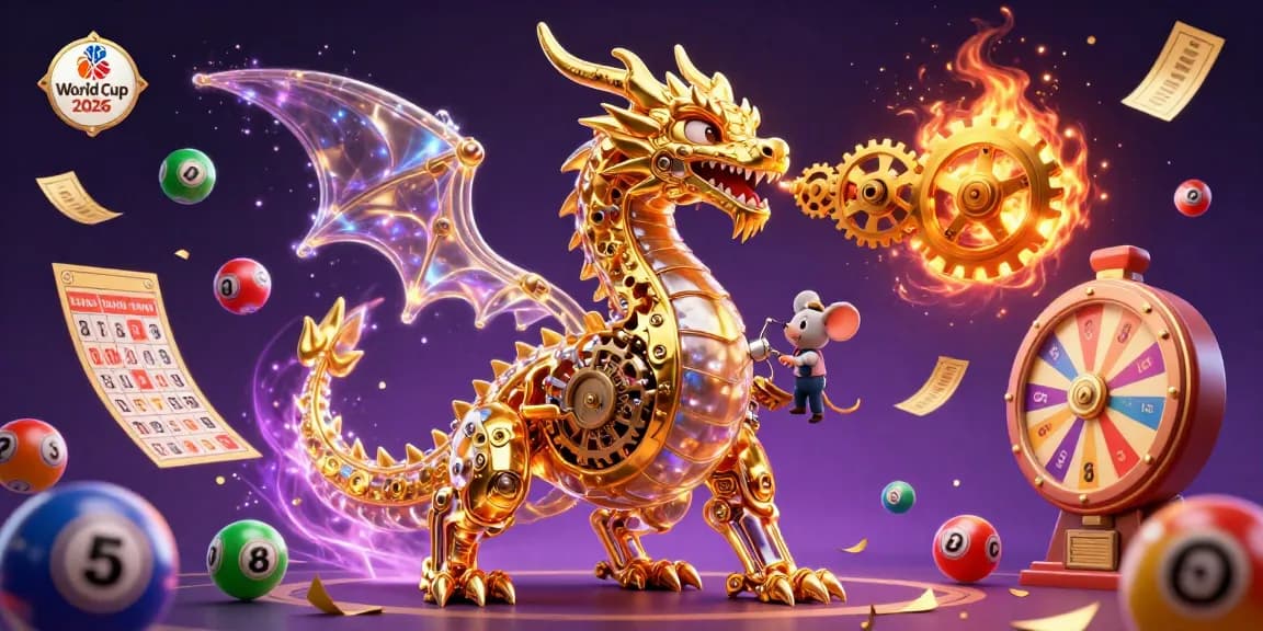 Experience the excitement of World Cup 2026 with a dynamic scene including a golden dragon and vibrant lottery elements.