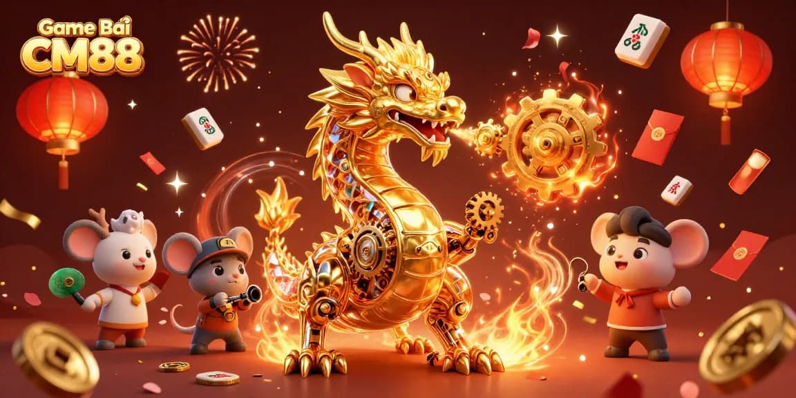 Engage in Game Bài CM88 with a rich visual experience featuring a golden dragon and iconic gambling elements.