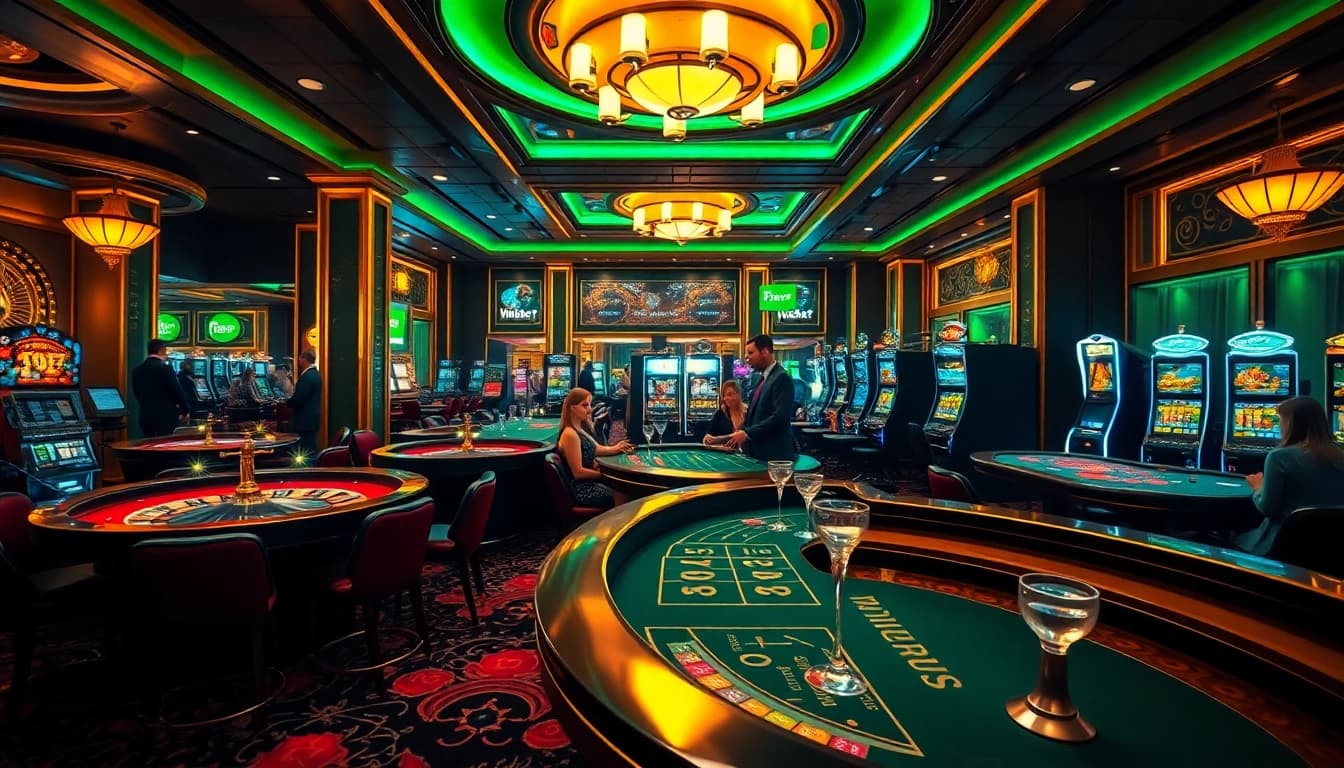 Players thrilled at 28bet's luxury casino environment with roulette wheels and poker tables.