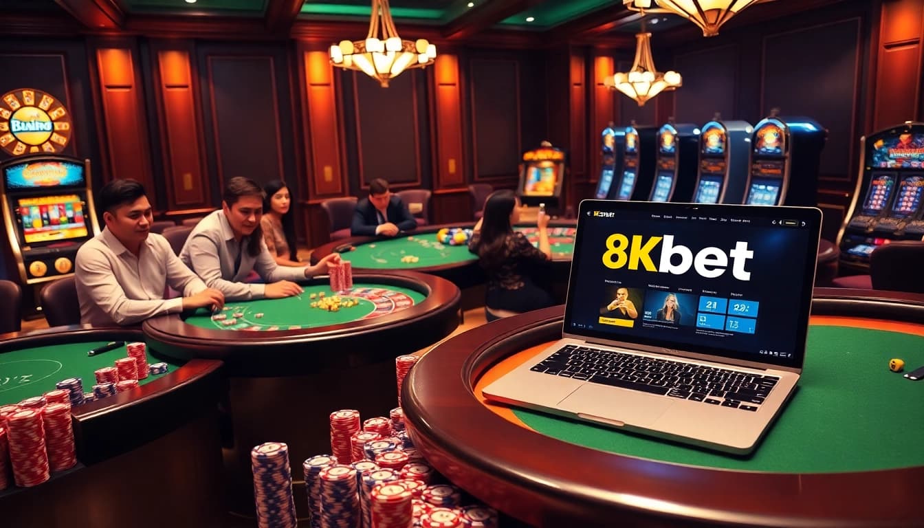 Experience link 8kbet through a vibrant online casino scene illustrating excitement with players at gaming tables and glowing screens.