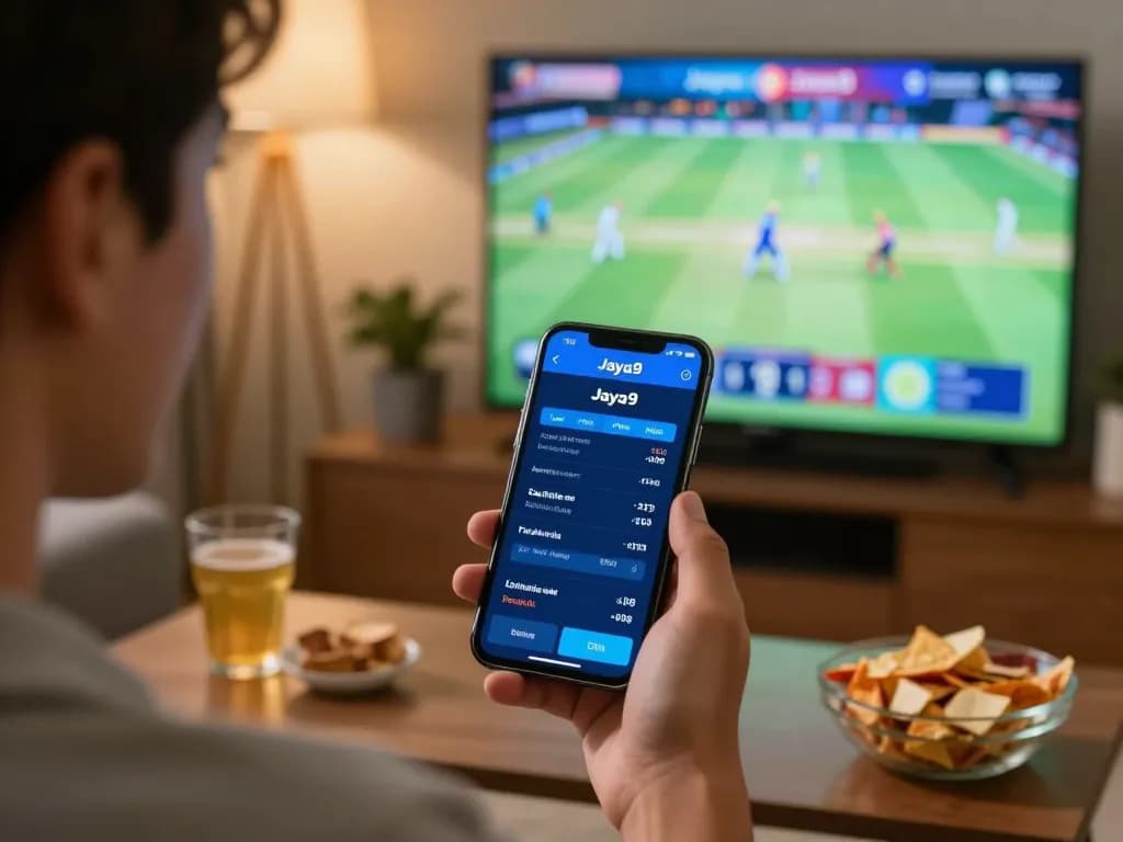 Engaging sports betting moment showcasing joya9 best cricket odds on mobile app during a live match.