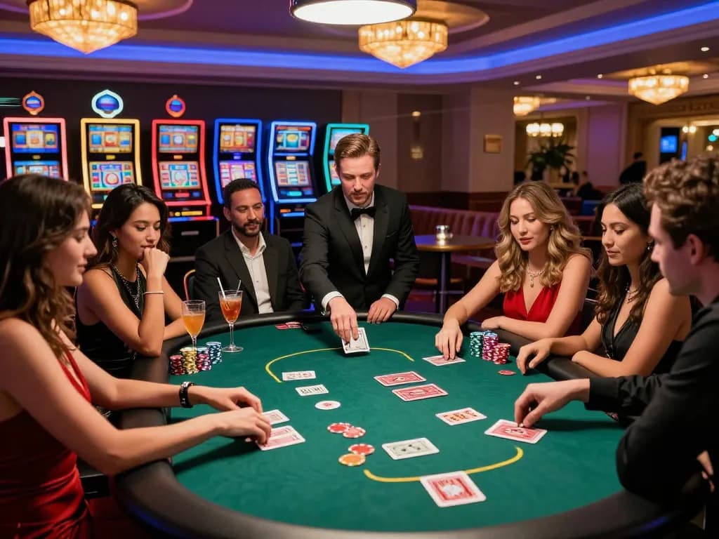 Group enjoying playful poker game at a stylish casino table, rikbet fun and excitement.