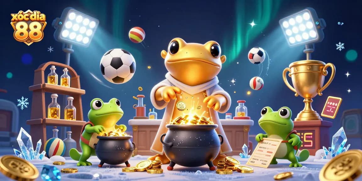 Xóc đĩa 88 game scene featuring a giant golden salamander alchemist with golden coins and sports elements.
