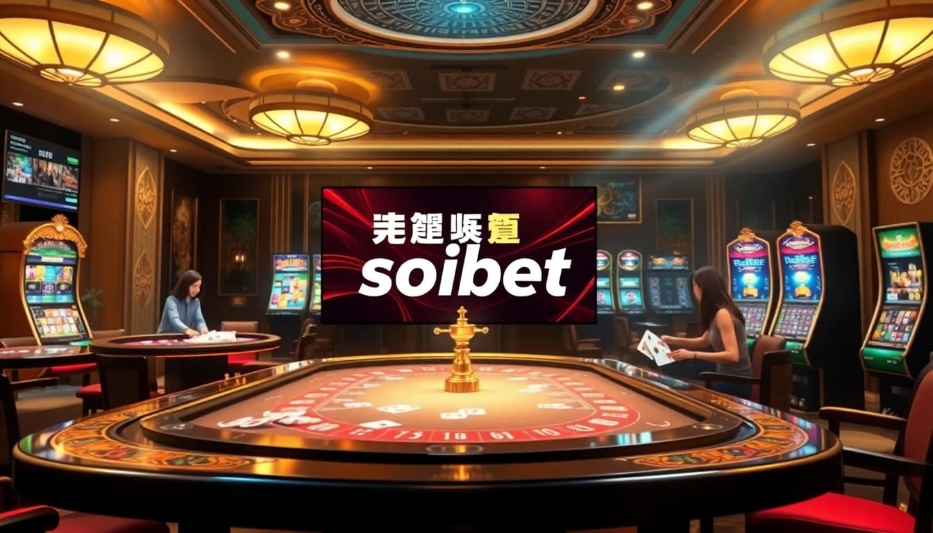 Experience the excitement of online gaming with ทางเข้า soibet ล่าสุด featuring luxurious casino tables and players enjoying various games.