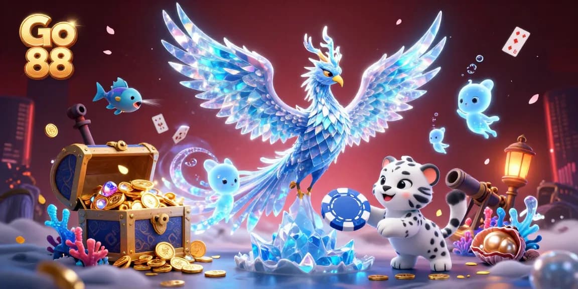 Engage with Go 88's vibrant atmosphere through a 3D cartoon scene of ice phoenix, snow leopard, and dancing sprites.