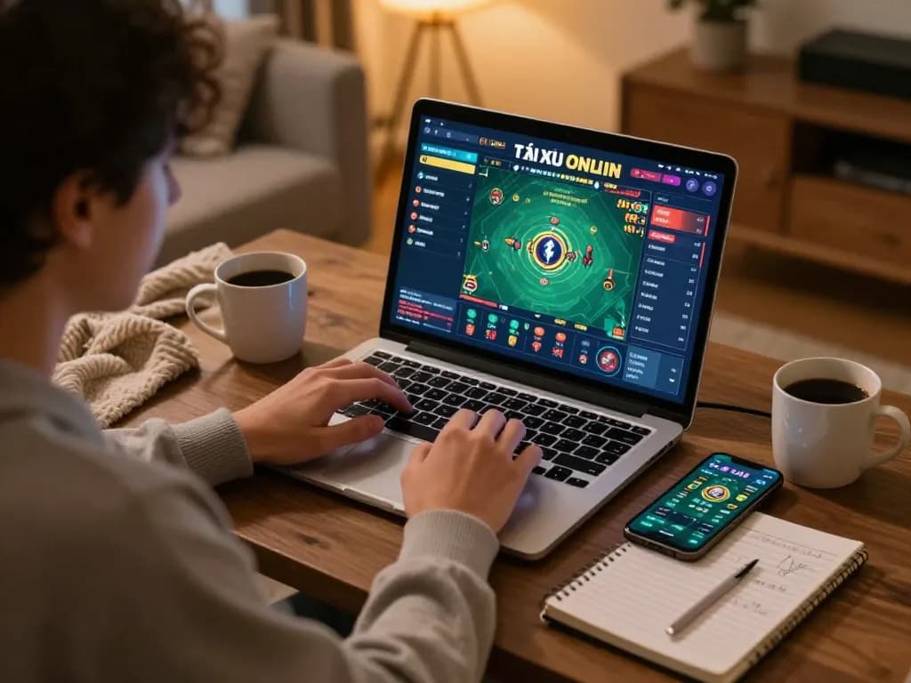 Engaging in tài xỉu online with a laptop, showing strategic notes and a cozy atmosphere.