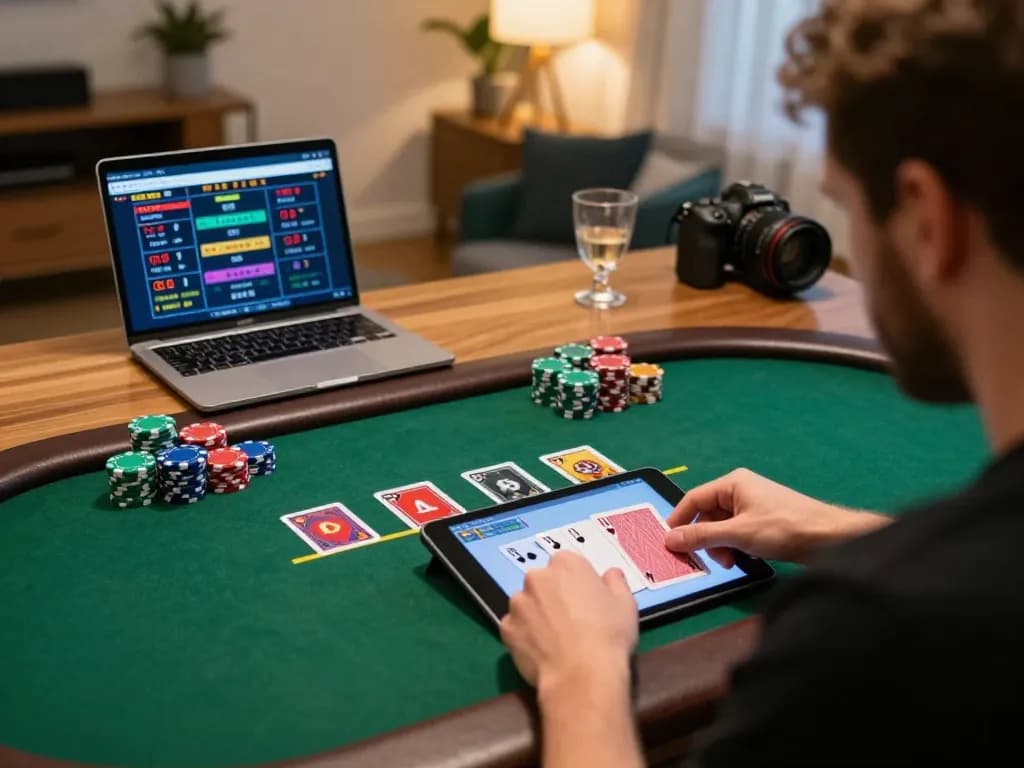 VIN88 player actively engaging in live dealer blackjack on tablet, showcasing online casino excitement.
