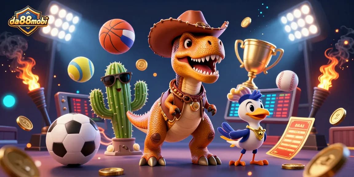 Experience the thrill of da88mobi as a cowboy dinosaur and friends celebrate wins with flying sports elements.