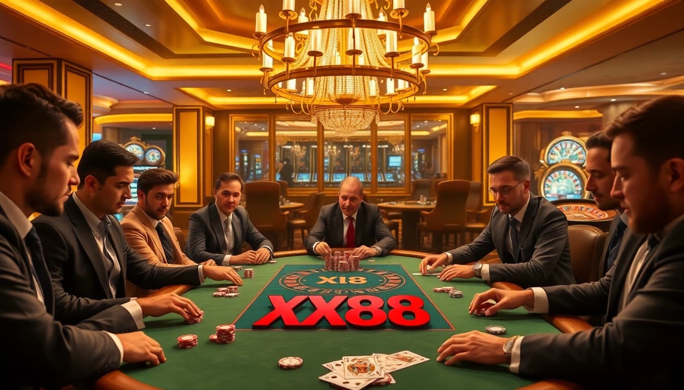 Engaged players at a luxurious XX88 poker table in a vibrant casino setting.
