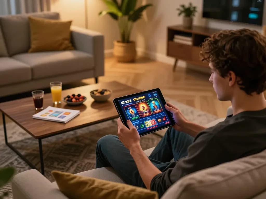 Engaged player exploring trang chủ bl555 online casino interface on tablet in a cozy living room