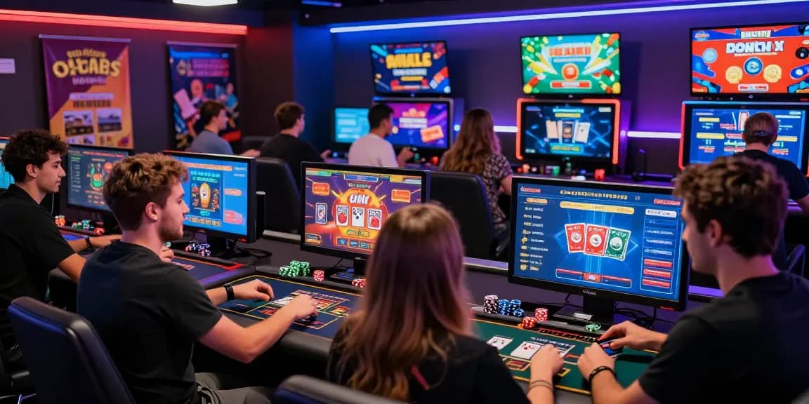 Exciting online casino gaming at https://scoarch.org.uk, showcasing players engaging with vibrant screens and using credit cards.