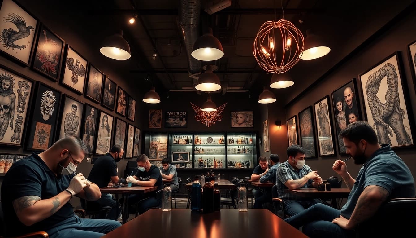 Dynamic tattoo parlor scene at https://89bet.tattoo/ with artists crafting intricate designs.