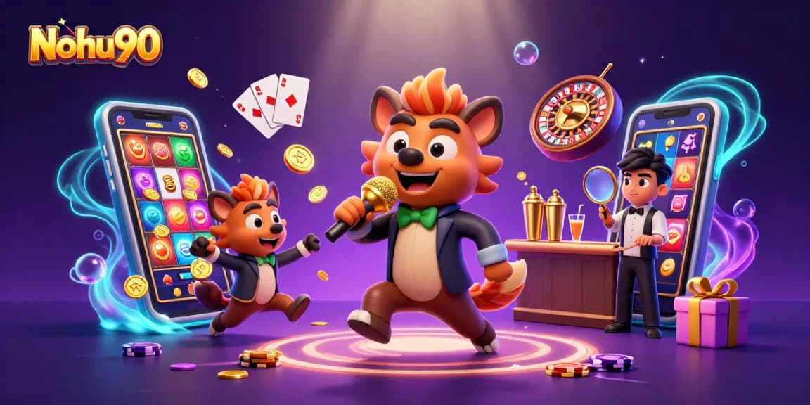 Nohu90 players enjoying vibrant slots action in a lively cartoon casino scene.