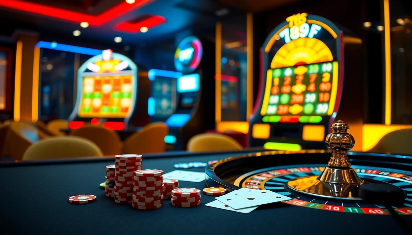 Experience thrilling gaming action at 789F with vibrant casino visuals showcasing poker chips and a roulette wheel.