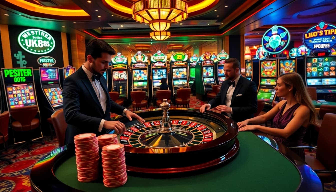 UK 88 players enjoy an exciting game at the roulette table in a luxurious casino.