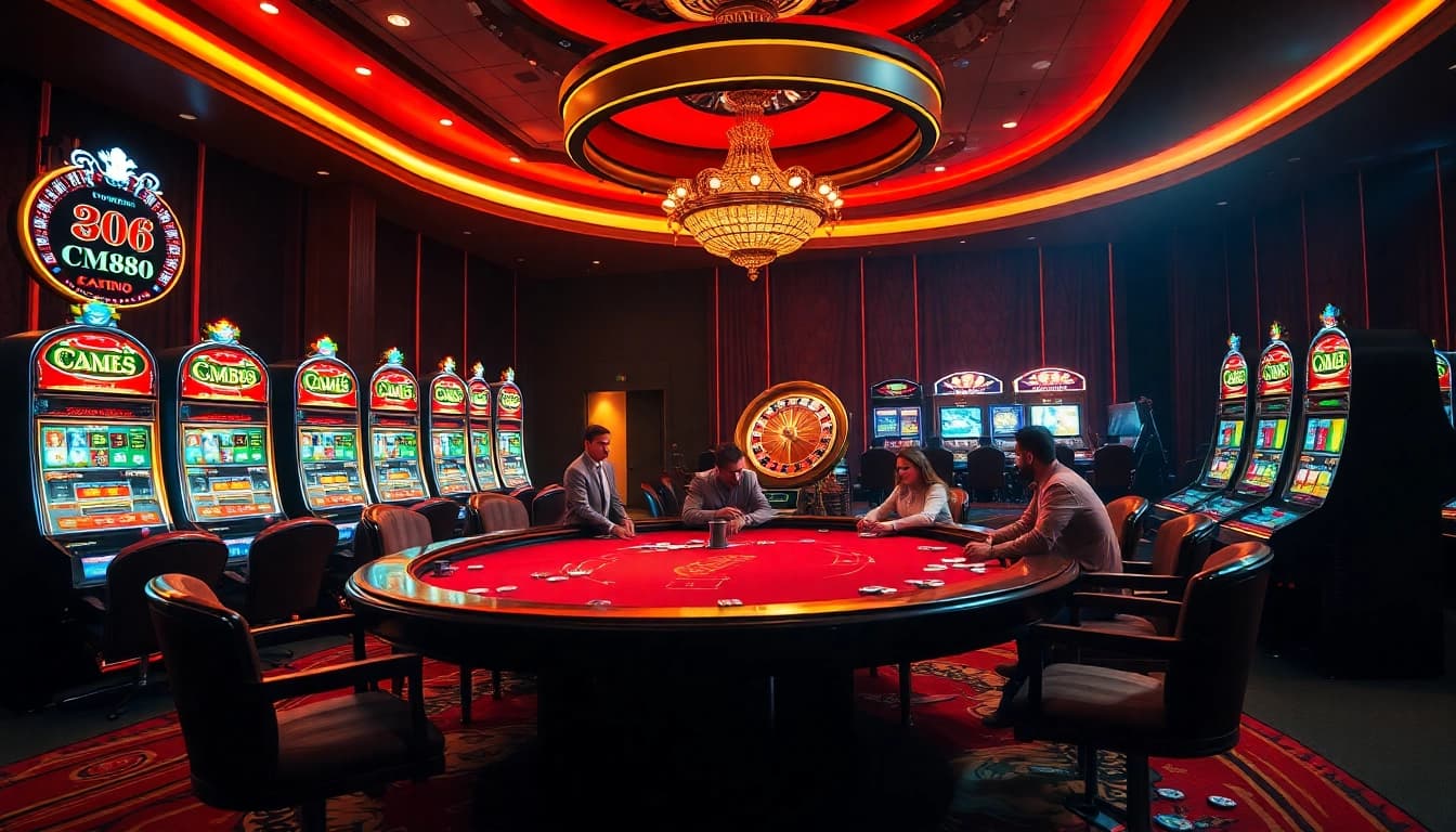 Players enjoying a vibrant poker game at a luxurious casino featuring cm88 branding.