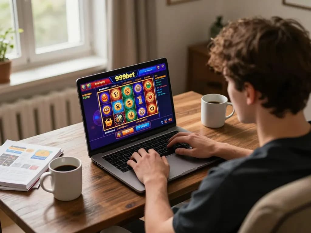 Player engaging with 999bet online casino from a cozy home setting, showcasing a dynamic gambling experience.