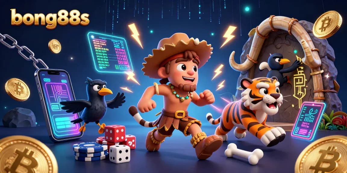 Experience the thrill of bong88s with animated characters in a lively prehistoric casino scene.
