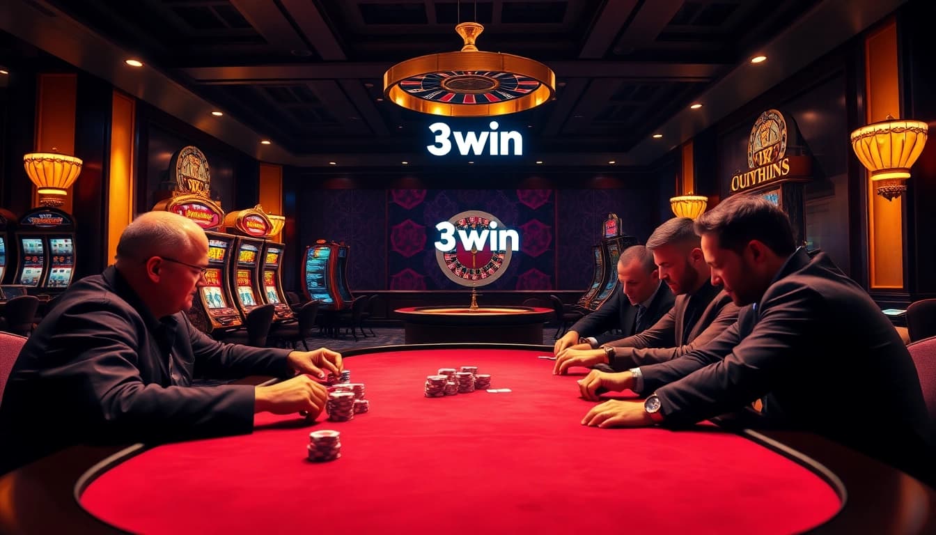 Experience the excitement of 3win with poker players at a luxurious casino table.