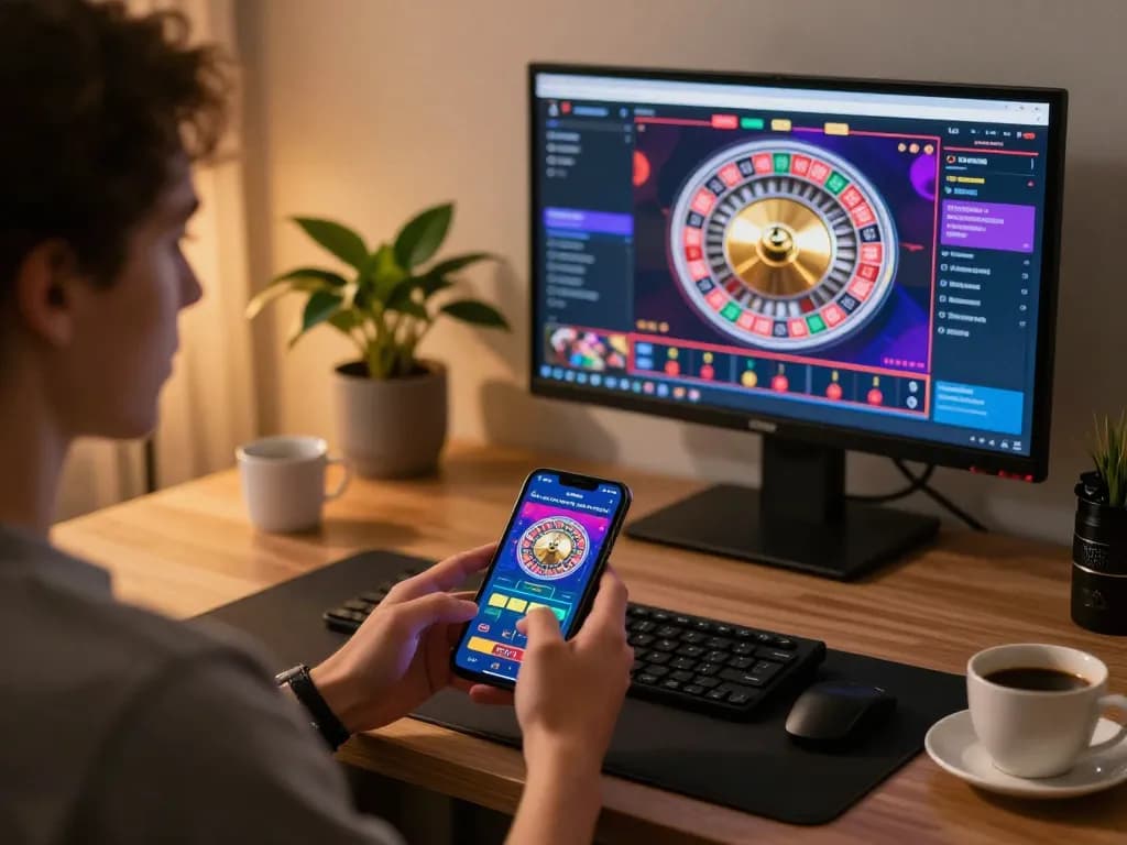 Engaging in online casino gaming with MM88 app on smartphone, showcasing dynamic roulette wheel.
