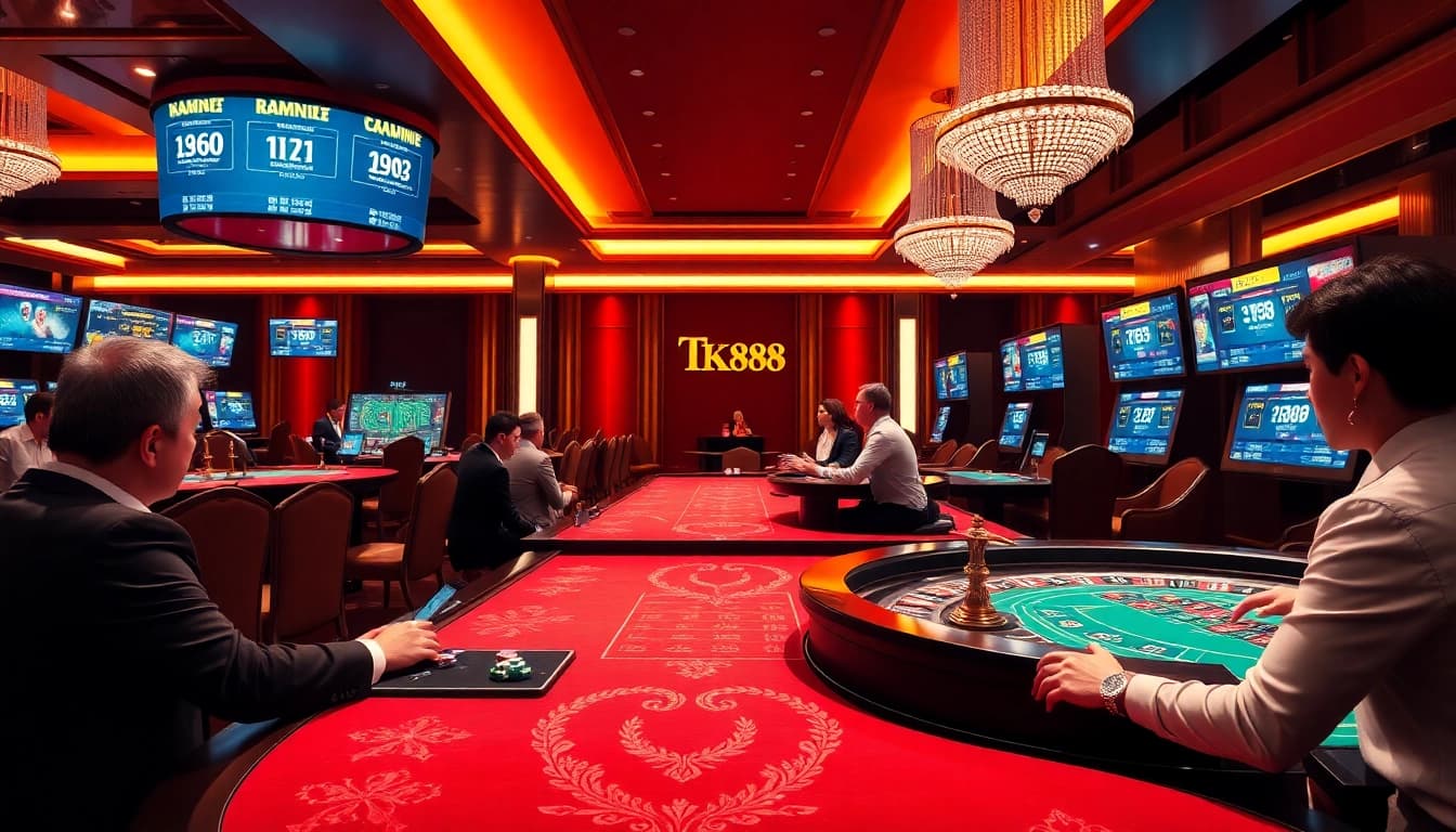 Players enjoying games at TK88 Casino, showcasing excitement and luxury in a vibrant atmosphere.