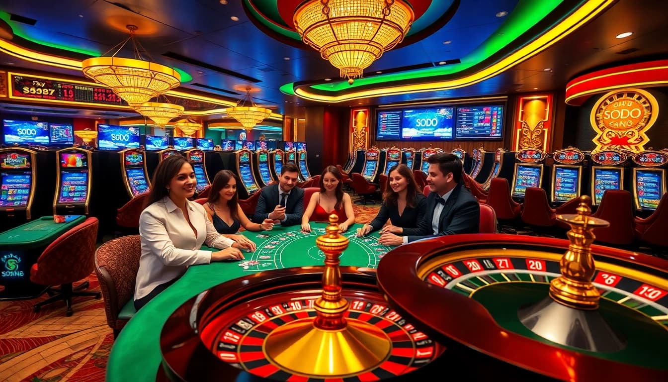 SODO CASINO gaming scene with players at a poker table, vibrant slot machines, and a roulette wheel.