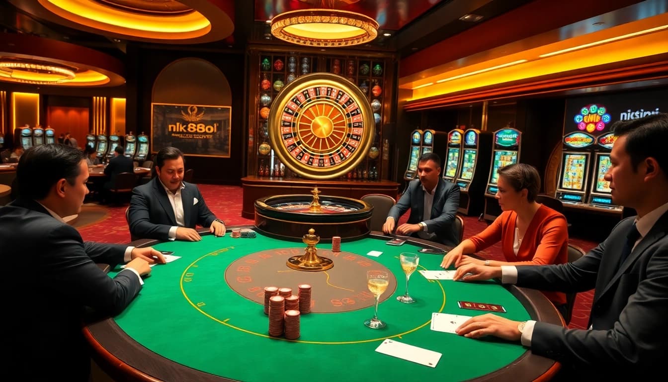 Engaging in thrilling poker gameplay at a luxurious nk88 casino with vibrant ambiance.