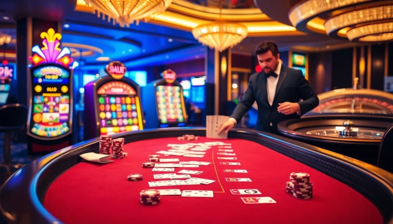 MM88 casino scene showcasing an exciting blackjack table with players and cards.