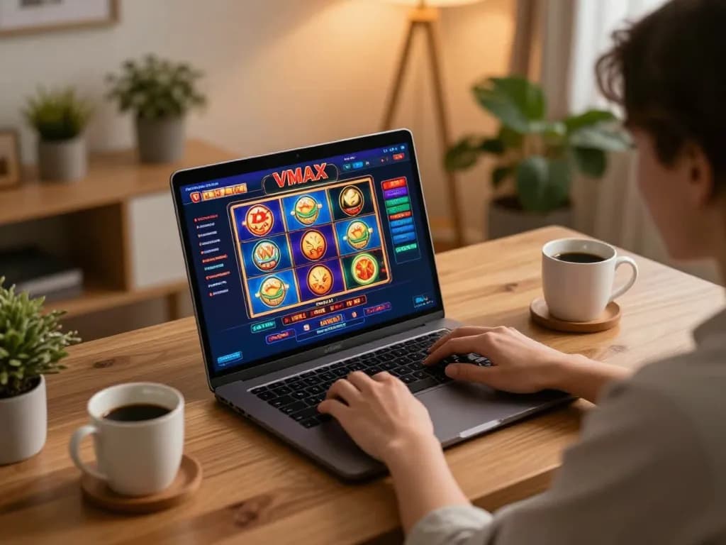 Engaging in online gaming at VMAX casino, showcasing colorful slot games and a cozy home environment.