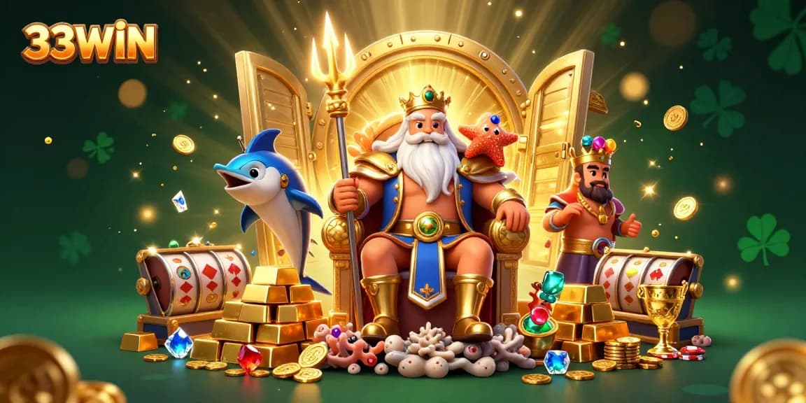 Win big at 33WIN with Neptune and treasure in this vibrant casino scene.