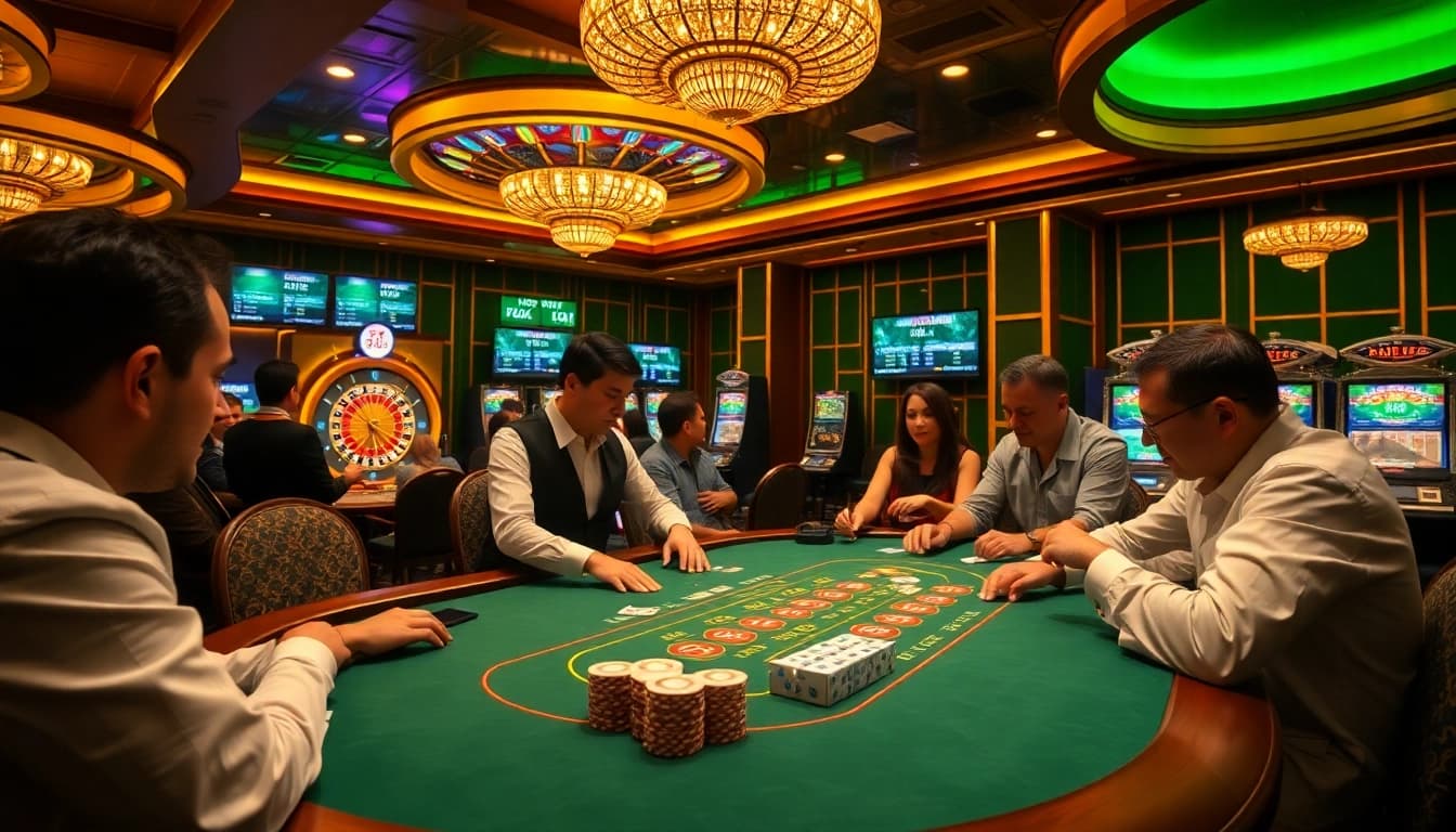 Experience the excitement of link PS99 in a vibrant casino scene with players at the poker table.
